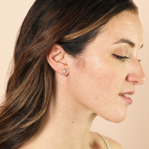 Model Shot of Cubic Zirconia Starfish Stud Earrings with Pearl Backs