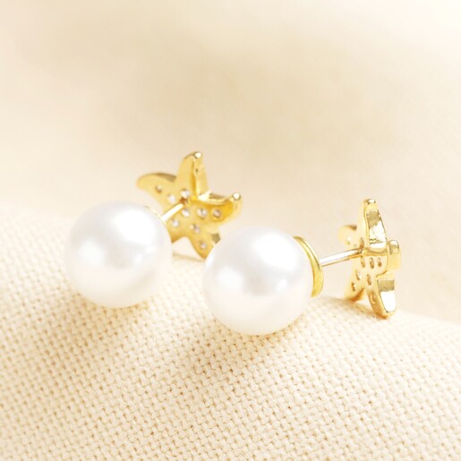 Close up of Cubic Zirconia Starfish Stud Earrings with Pearl Backs