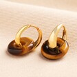 Tiger's Eye Loop Charm Huggie Hoop Earrings in Gold on a neutral background