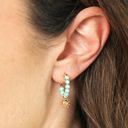 Model Shot for Sun Charm Turquoise Beaded Hoop Earrings in Gold