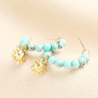 Sun Charm Turquoise Beaded Hoop Earrings in Gold