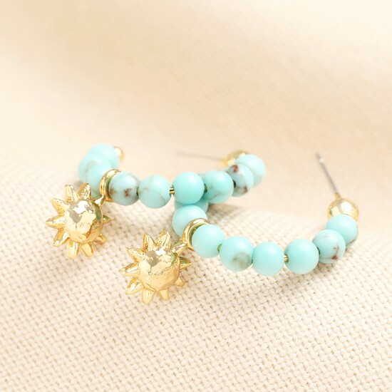 Sun Charm Turquoise Beaded Hoop Earrings in Gold