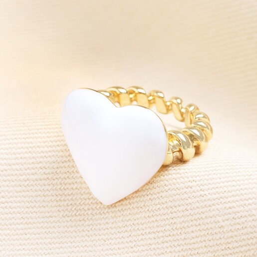 Oversized White Enamel Heart Ring in Gold