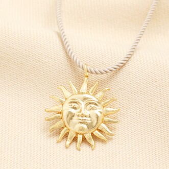 Beige Rope Pull Cord Sun Face Pendant Necklace in Gold
