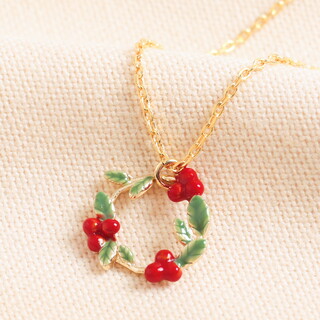 Enamel Holly Festive Pendant Necklace in Gold
