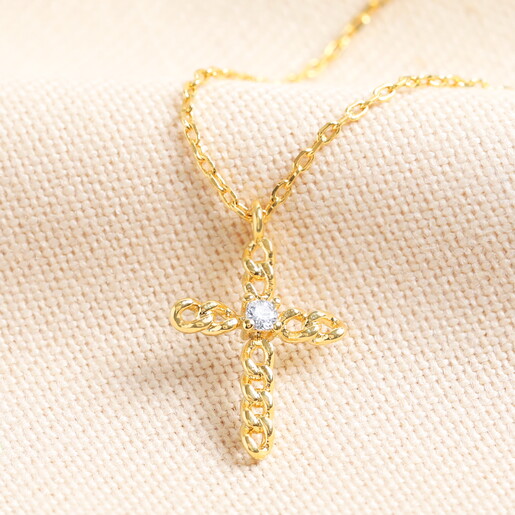 Diamonte Chain Cross Pendant Necklace in Gold