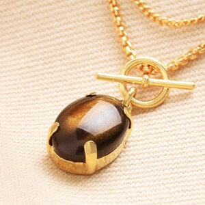 Semi-Precious Tiger's Eye and T-Bar Pendant Layered Necklace in Gold