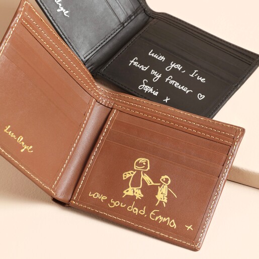 Personalised Handwritten Men's Leather Wallet on a Beige Background A personalised wallet for men made of durable leather