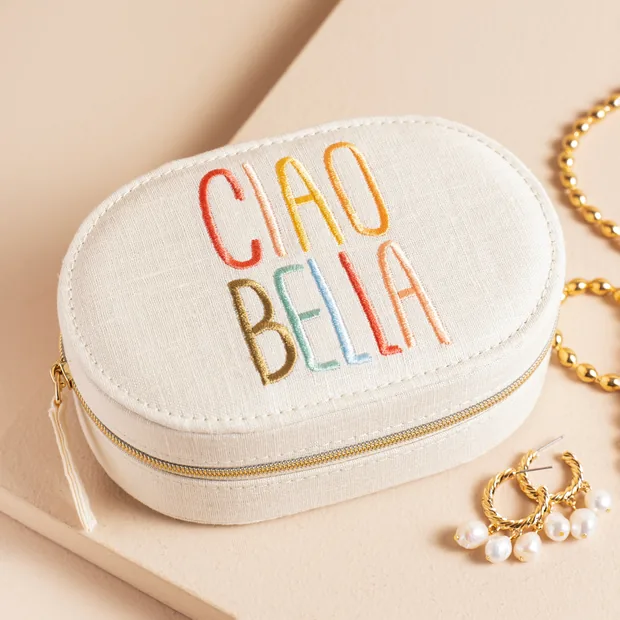 Embroidered 'Ciao Bella' Oval Travel Jewellery Case in White Embroidered 'Ciao Bella' Oval Travel Jewellery Case in White