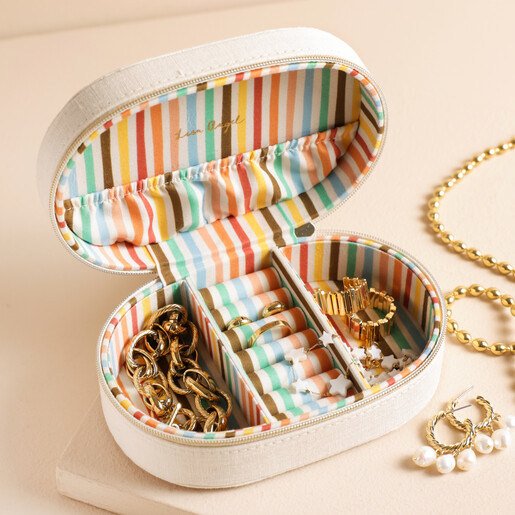 Embroidered 'Ciao Bella' Oval Travel Jewellery Case in White