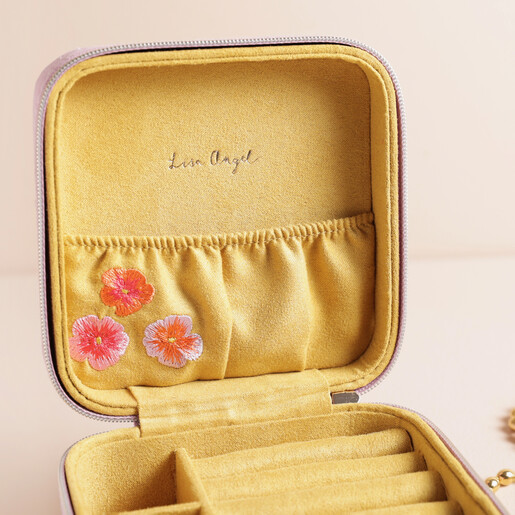 Close Up of Embroidered Flower Square Travel Jewellery Case in Pink