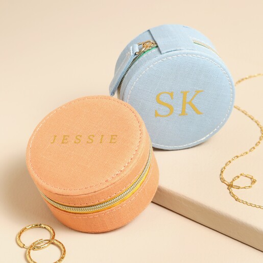 Personalised Name Souvenir Mini Round Jewellery Case A jewellery case with a personalised name