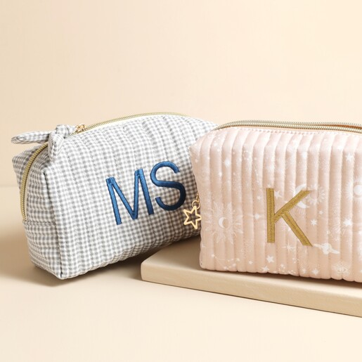 Close Up Close Up of Personalised Name Small Grey Gingham Wash Bag