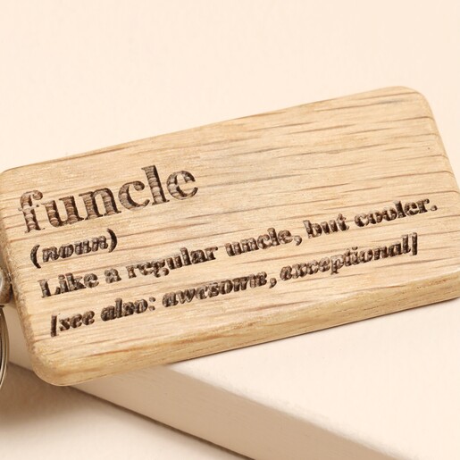 Close Up of Dapper Chap 'Funcle' Rectangular Oak Keyring