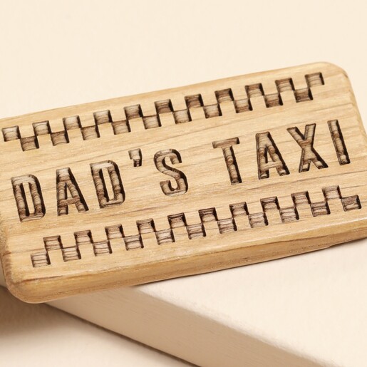Close Up of Loft 'Dad's Taxi' Rectangular Oak Keyring