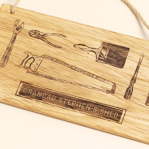 Close Up of Personalised Oak Shed Hanging Sign