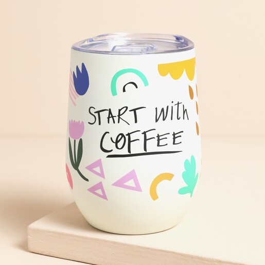 A bold travel mug designed for caffeine lovers