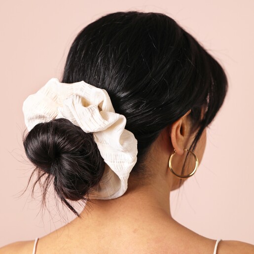 Model Shot of Cream Ruched Hair Scrunchie