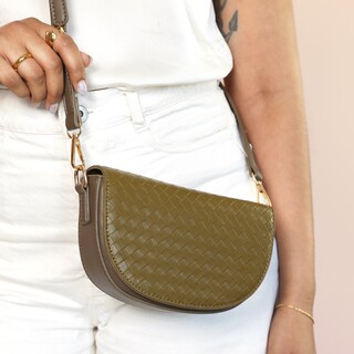 Olive Green Woven Vegan Leather Half Moon Crossbody Bag
