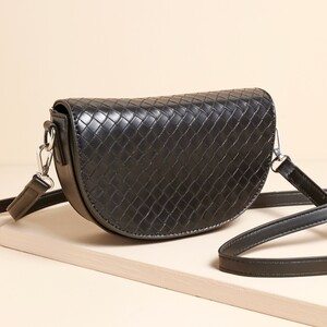 Textured Vegan Leather Half Moon Crossbody Bag in Black