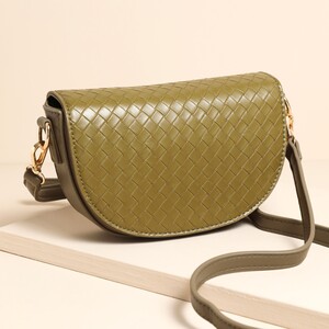Textured Vegan Leather Half Moon Crossbody Bag in Olive