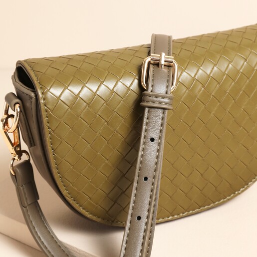 Close Up Close Up of Textured Vegan Leather Half Moon Crossbody Bag in Olive