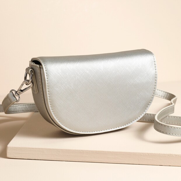 Vegan Leather Half Moon Crossbody Bag in Silver Vegan Leather Half Moon Crossbody Bag in Silver