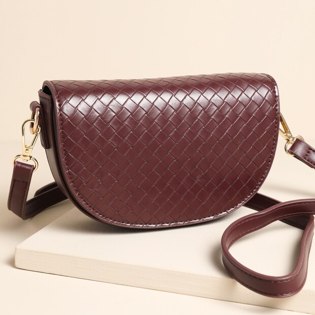 Woven Vegan Leather Half Moon Crossbody Bag in Burgundy Woven Vegan Leather Half Moon Crossbody Bag in Burgundy