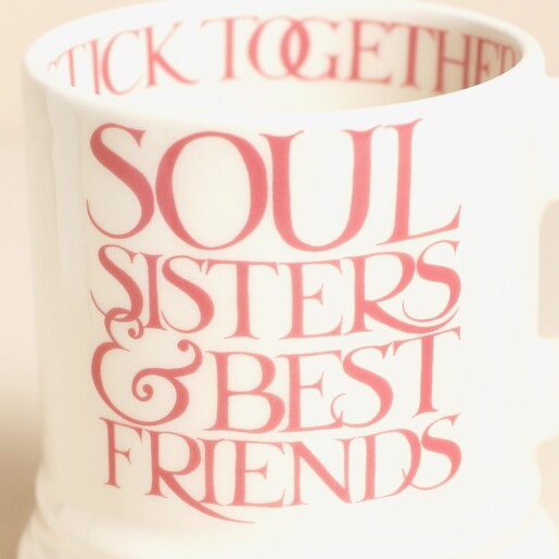 Close Up of Emma Bridgewater Seconds Pink Toast Soul Sisters 1/2 Pint Mug