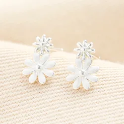 Estella Bartlett White Enamel Double Flower Stud Earrings in Silver