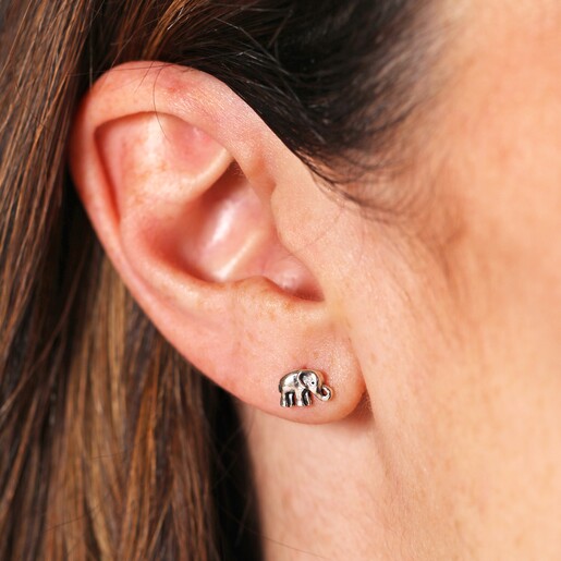 Close Up of Sterling Silver Mini Elephant Stud Earrings