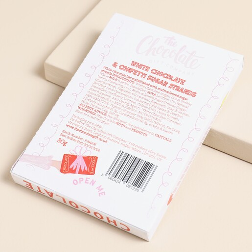 Packaging for the The Chocolate Gift Company Birthday Cake White Chocolate Bar