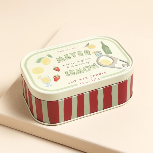 Closed Paddywax Meyer Lemon Bistro Tin Candle on a neutral background