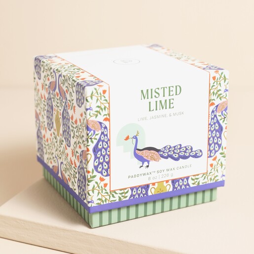 Packaging for the Paddywax Misted Lime Peacock Hand Painted Ceramic Candle