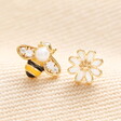 Asymmetrical Bee and Flower Stud Earrings in Gold
