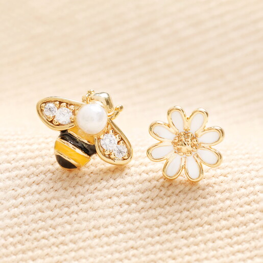 Asymmetrical Bee and Flower Stud Earrings in Gold