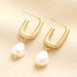 Gold Stainless Steel Rectangular Earrings With Pearl Drop on a neutral background