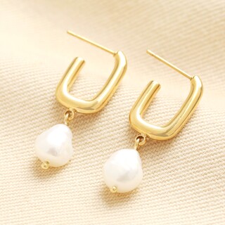 Gold Stainless Steel Rectangular Earrings With Pearl Drop