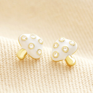 White Enamel Mushroom Stud Earrings in Gold