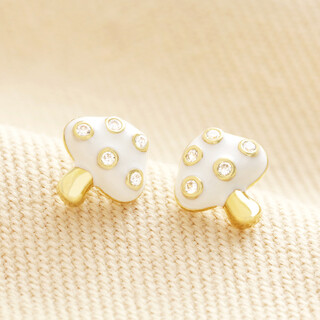 White Enamel Mushroom Stud Earrings in Gold