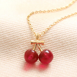 Beaded Cherry Pendant Necklace in Gold