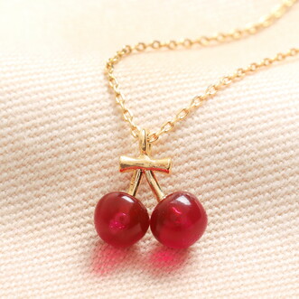 Beaded Cherry Pendant Necklace in Gold