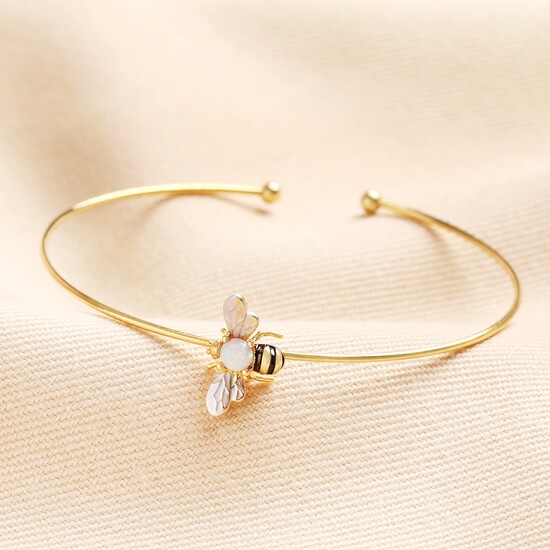 Adjustable Opal Bee Open Bangle in Gold