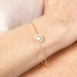 Close Up Model Shot of Adjustable Opal Flower Open Bangle in Gold on Model