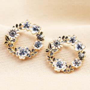 Enamel Blue Flower and Bee Circle Stud Earrings in Gold