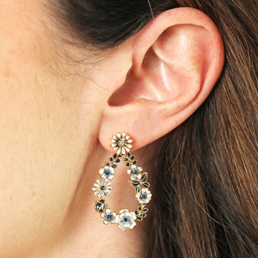 Enamel Blue Flower and Bee Teardrop Stud Earrings in Gold