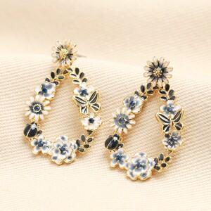 Enamel Blue Flower and Bee Teardrop Drop Earrings in Gold