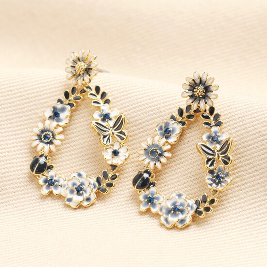 Enamel Blue Flower and Bee Teardrop Drop Earrings in Gold
