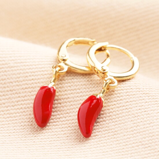 Red Chilli Huggie Hoop Earrings in Gold