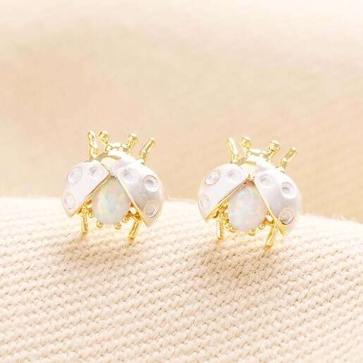 Opal Ladybird Stud Earrings in Gold